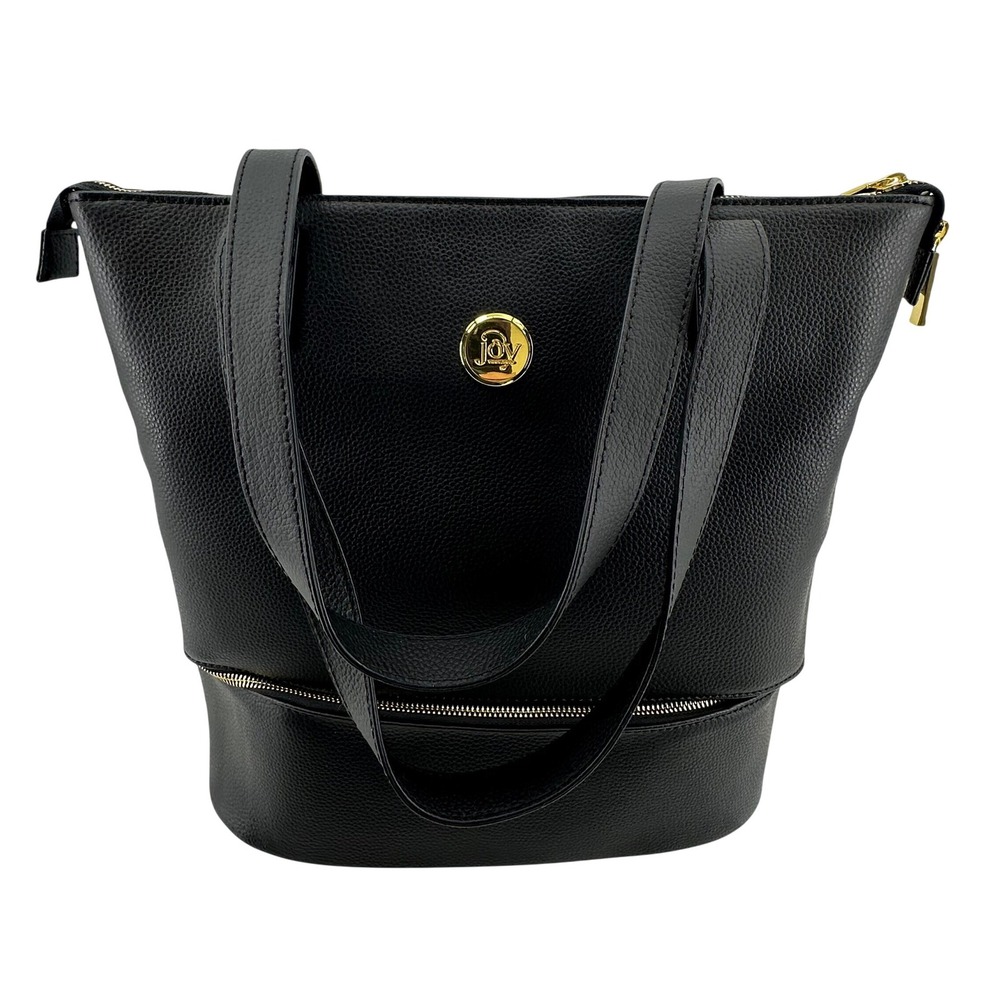 Joy Mangano Leather Double Decker Tote Bag Black Travel Work 3 Pieces Luxury